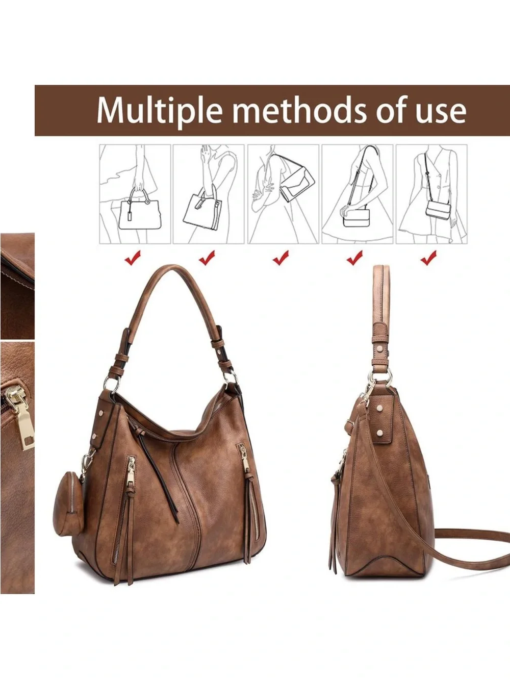 New Hobo Bags Handbags Purse Boho Shoulder Bag Crossbody Brown with Wallet